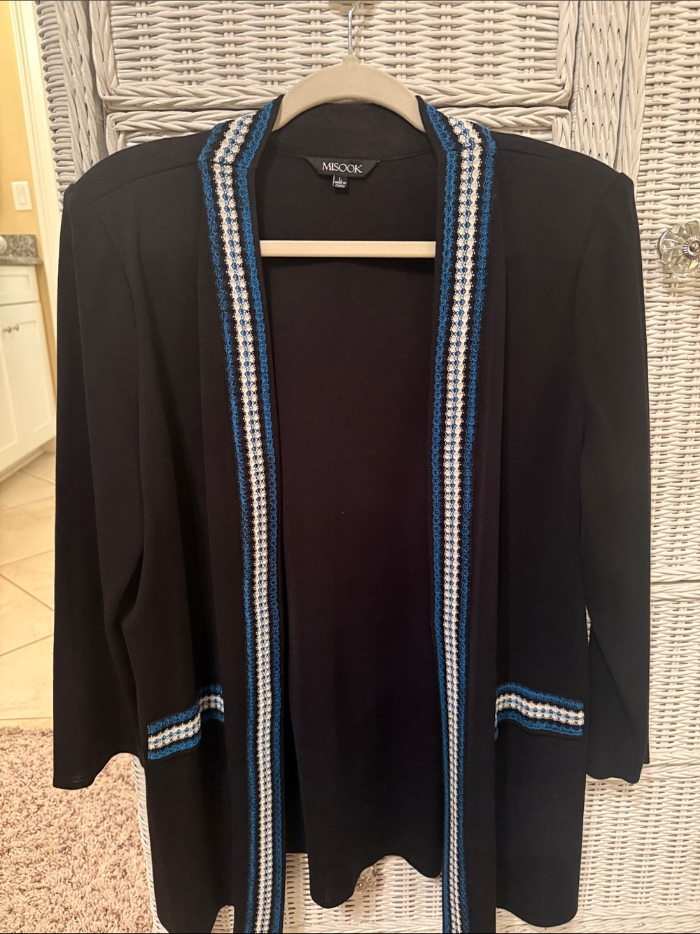 Misook Black Open-Front Blazer with Blue and White Trim